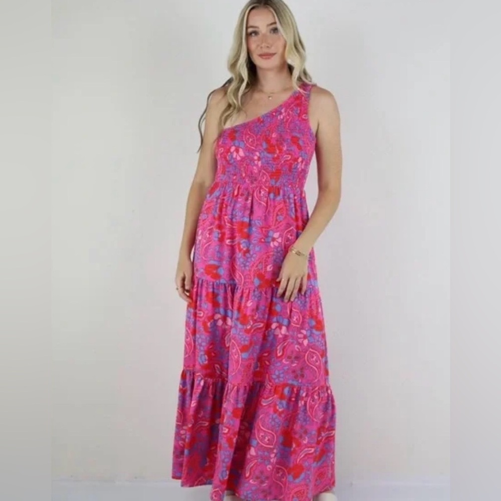 Sugarlips One-Shoulder Whimsy Feminine Pink and Blue Floral Maxi Dress Medium